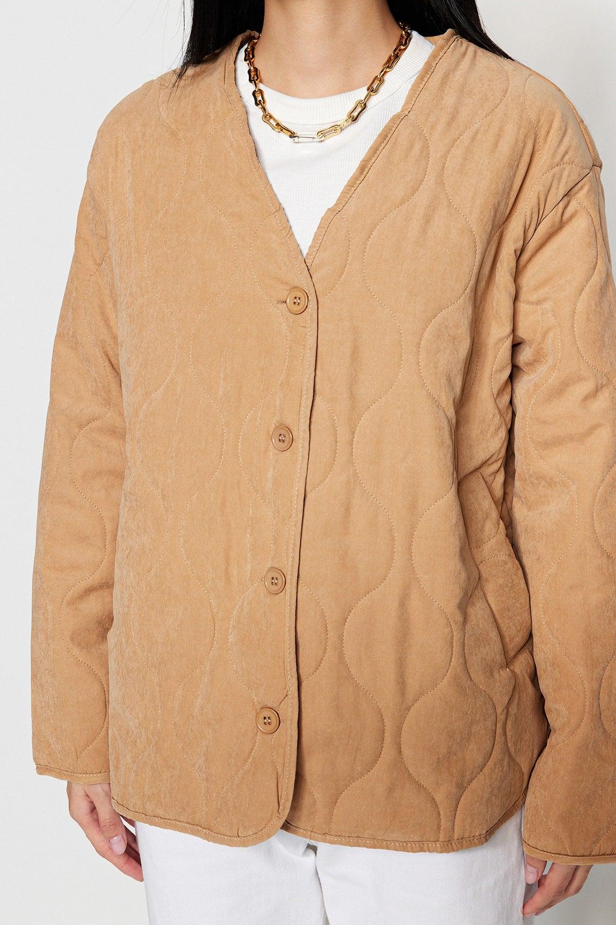 Camel Oversize Button Closure Quilted Coat TWOSS23MO00011 - Swordslife