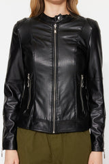 Black Faux Leather Biker Jacket Coat TWOAW23MO00372 - Swordslife