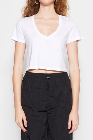 White 100% Cotton Single Jersey V Neck Crop Knitted T-Shirt - Swordslife