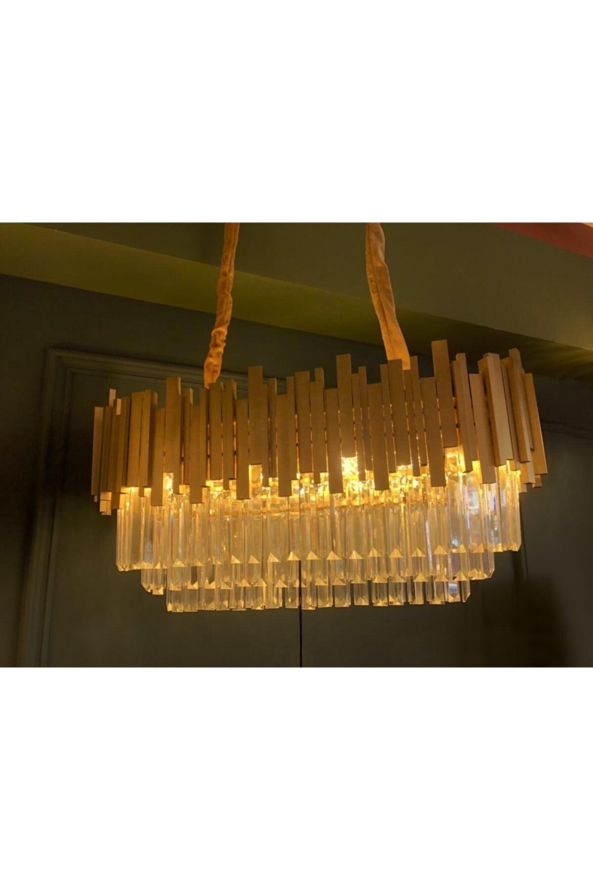 A+ Luxury Modern Crystal Stone Pendant Lamp Chandelier Gold Yellow Dining Table - Swordslife