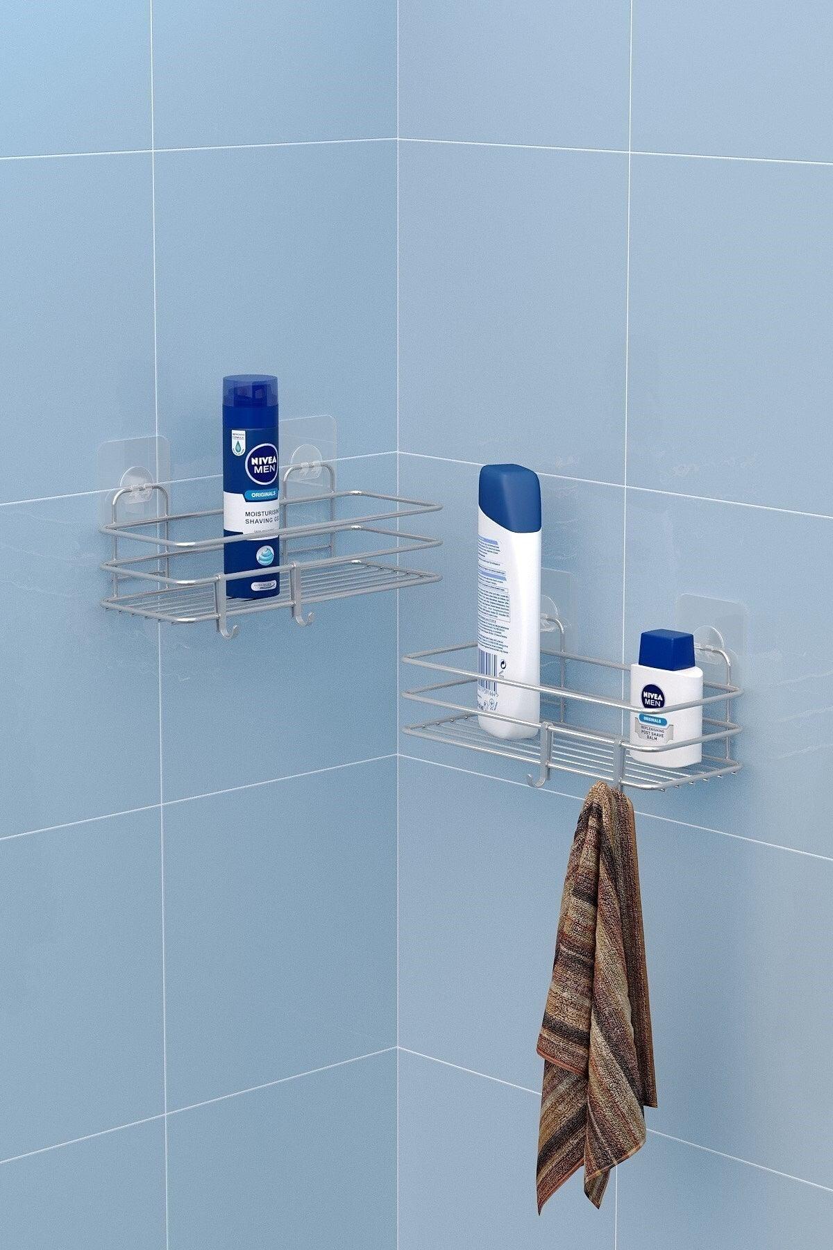 2 Pieces Bathroom Shelves with Adhesive Hooks Silver St217h - Swordslife