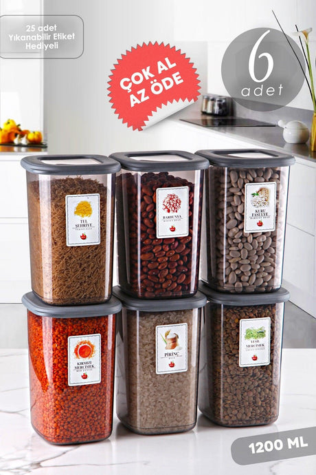 Advantageous 6 Pcs Anthracite Boly Square Storage Container Set 1200ml - Multi-Set Set Supply Jar - Swordslife