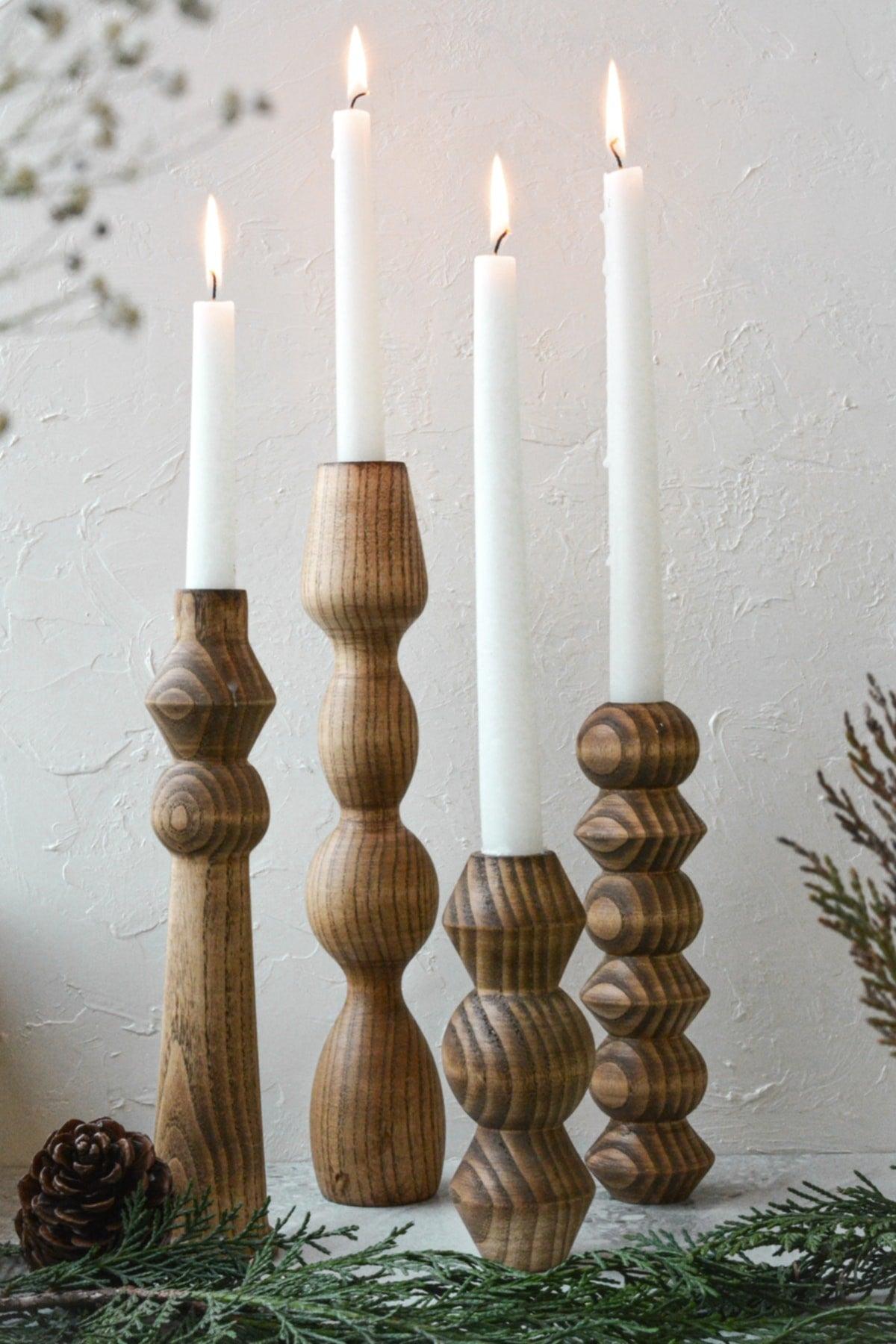 Wooden Candlestick Candle Holder Ashwood Modern Set of 4