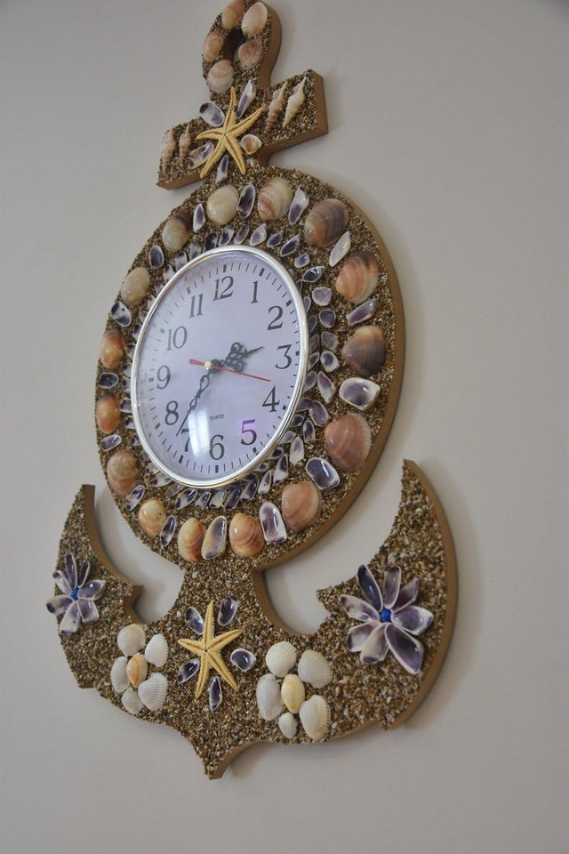 Wooden Wall Clock Anchor Model , Seashells Decorated Clock Quartz Silent Clock Mechanism Clock - Swordslife