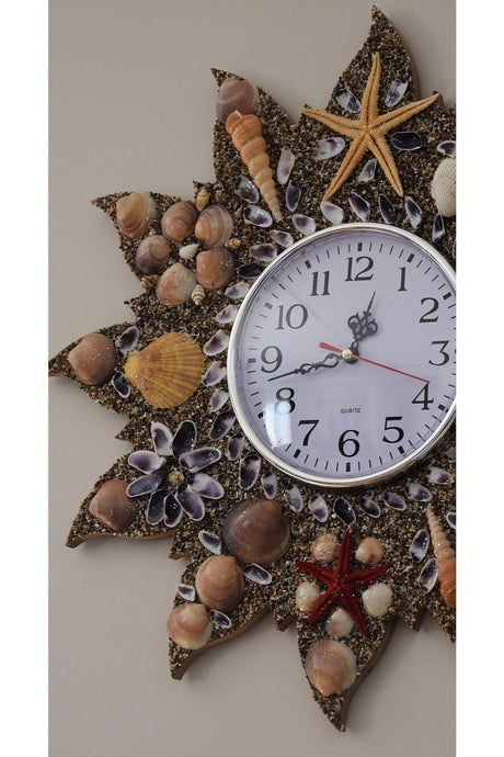 Wooden Wall Clock , Sea Shells Ornament Handmade Clock Quartz Brand Silent Clock Mechanism - Swordslife