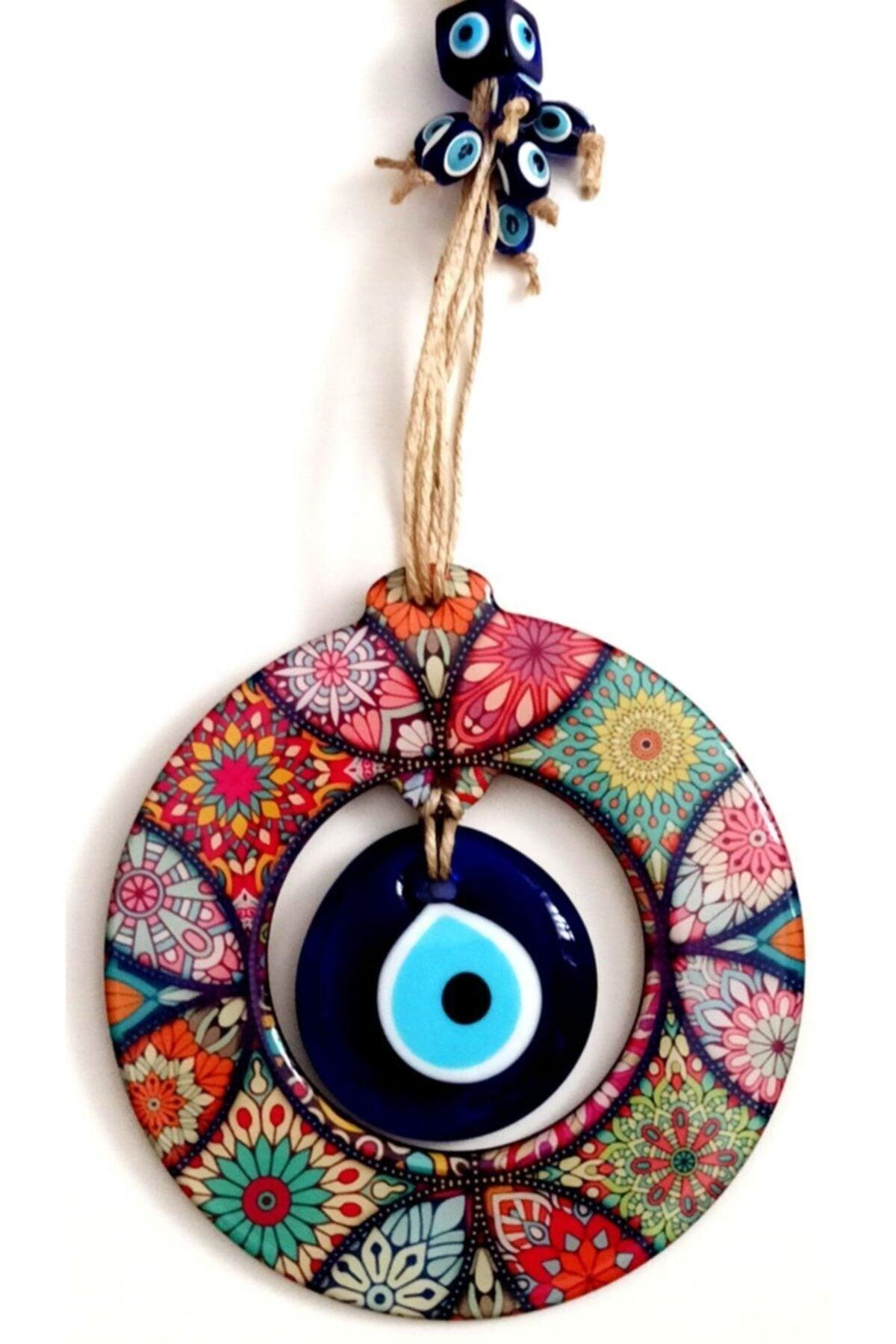 Wooden Mandala Patterned Glass Evil Eye Beaded Door, Wall And Garden Ornament Charms - Swordslife