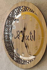 Wooden And Mirrored Allah-Muhammad Motif Normal Numeral Wall Clock - Swordslife