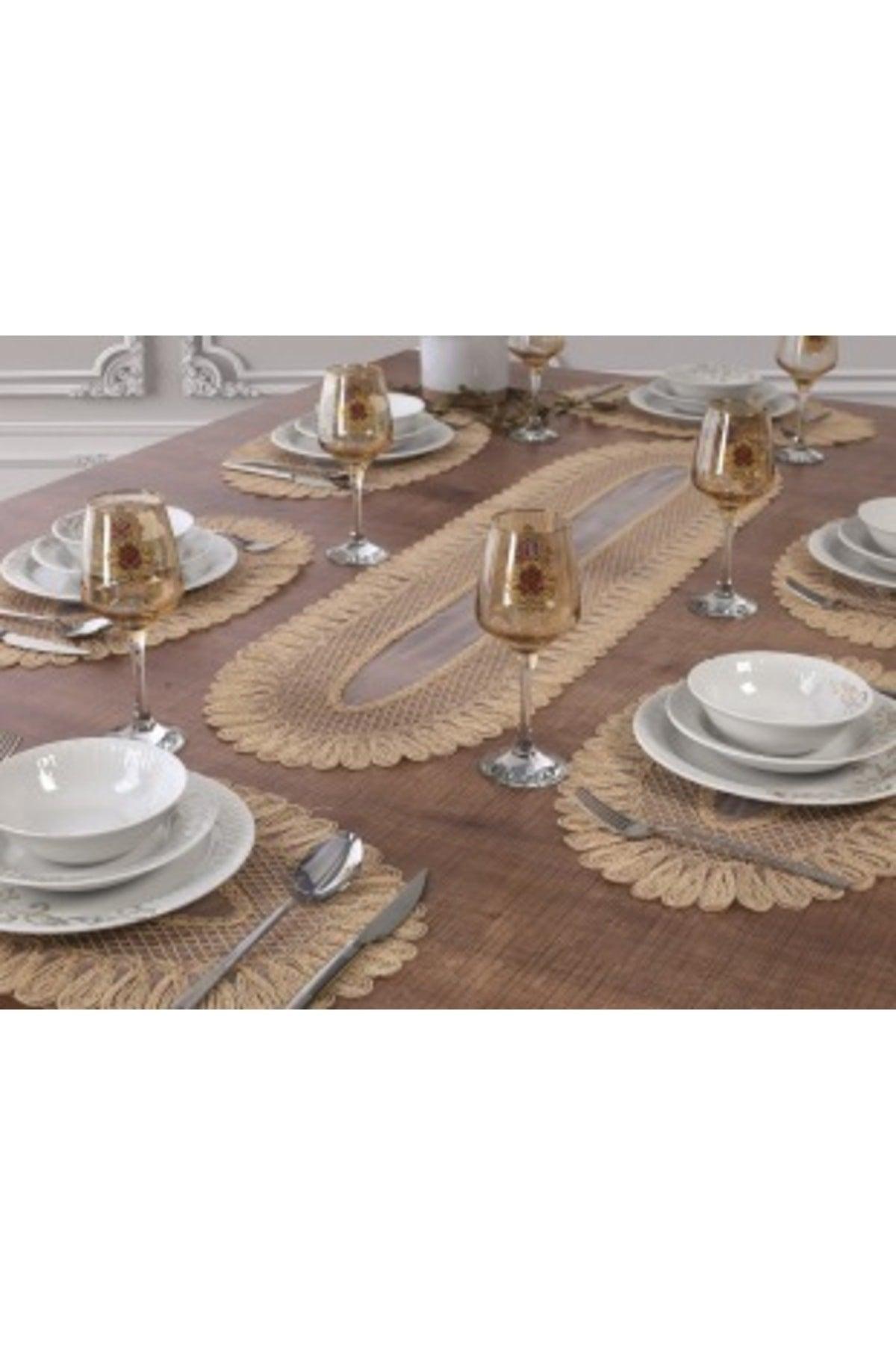 Placemat Plate And Runner Set 6 Person Set Embroidered Vivien Beige 7 Piece Table And Presentation Set - Swordslife