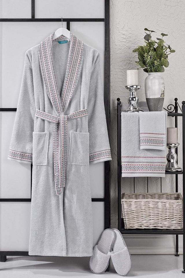 Ansaaj Jacquard 4 Piece Bathrobe Set Light Gray