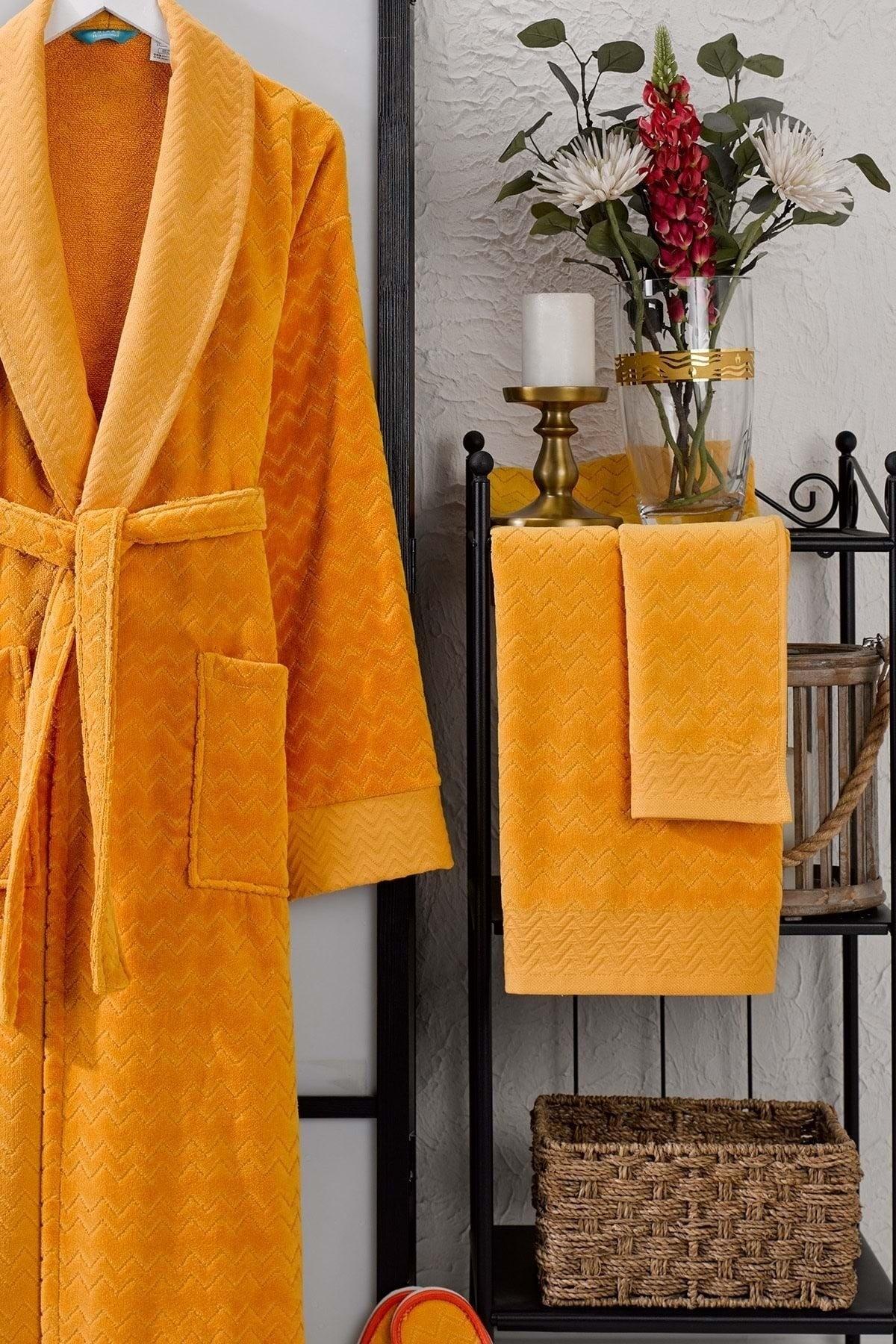 Ansaaj Velvet Jacquard 4 Piece Bathrobe Set Mustard - Swordslife