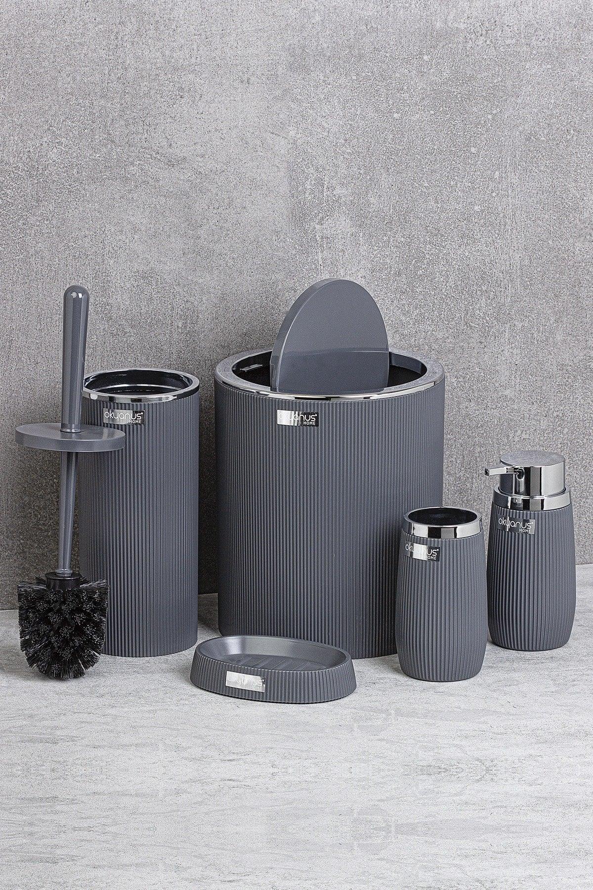 Anthracite Chrome Striped Round 5 Piece Bathroom Set - Swordslife