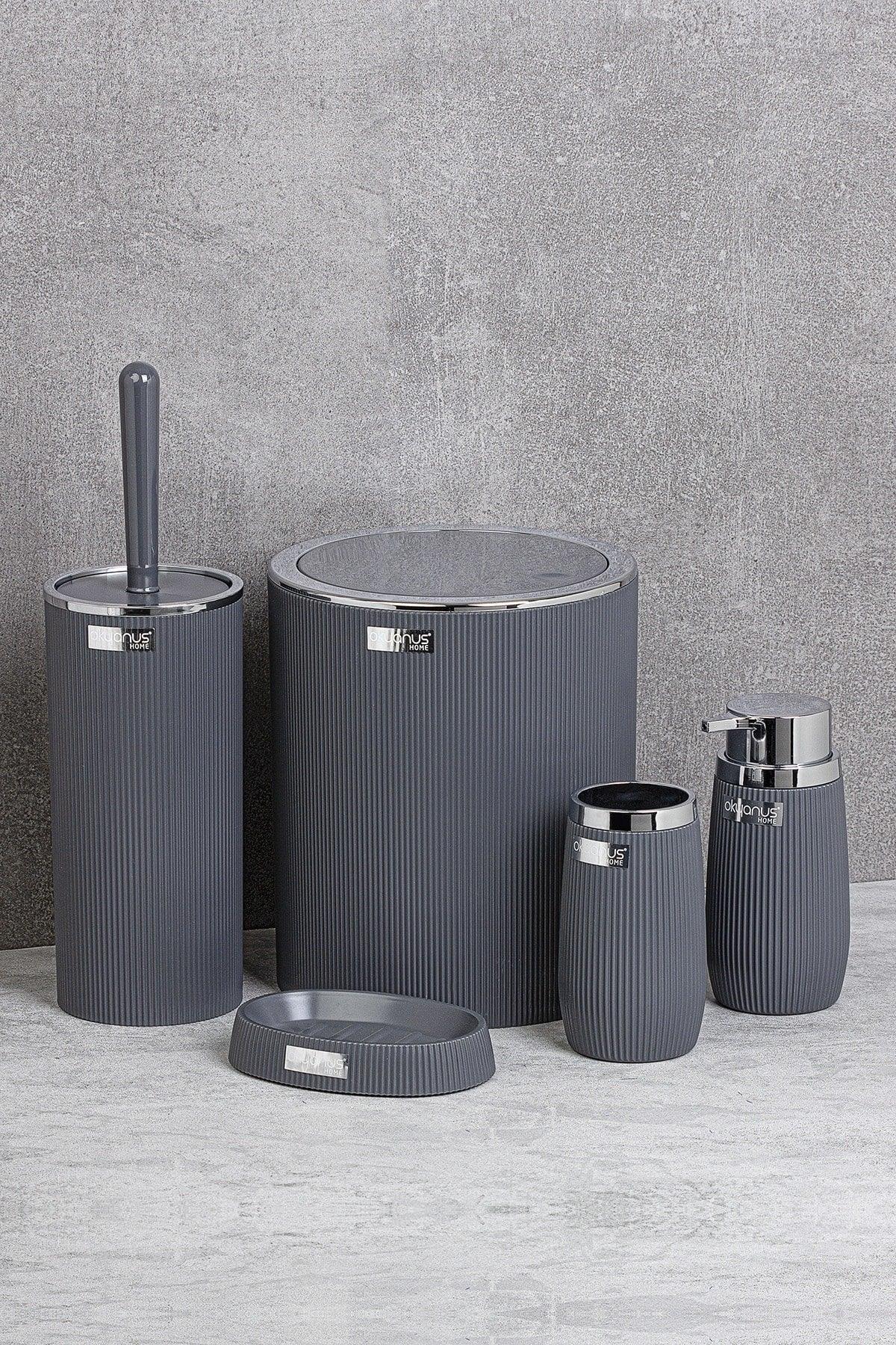 Anthracite Chrome Striped Round 5 Piece Bathroom Set - Swordslife