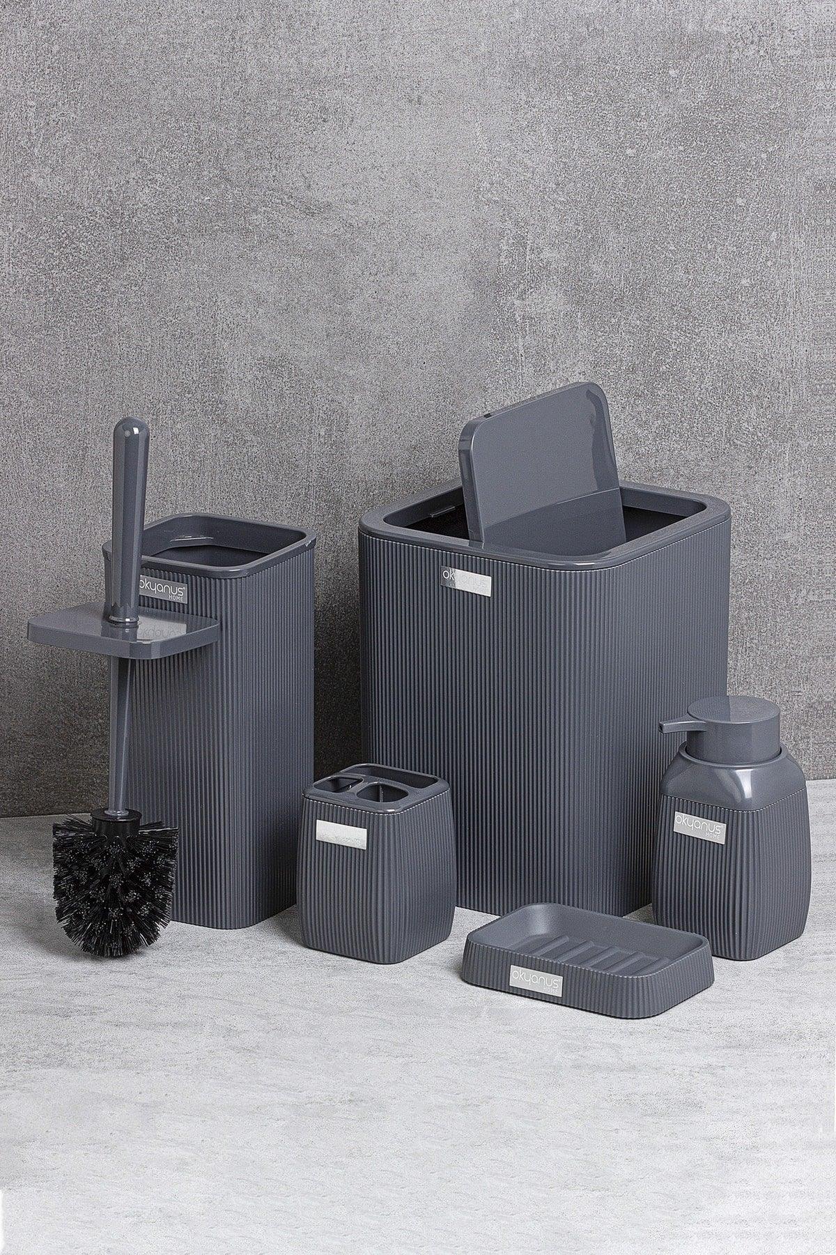 Anthracite Striped Bathroom Set of 5 - Swordslife