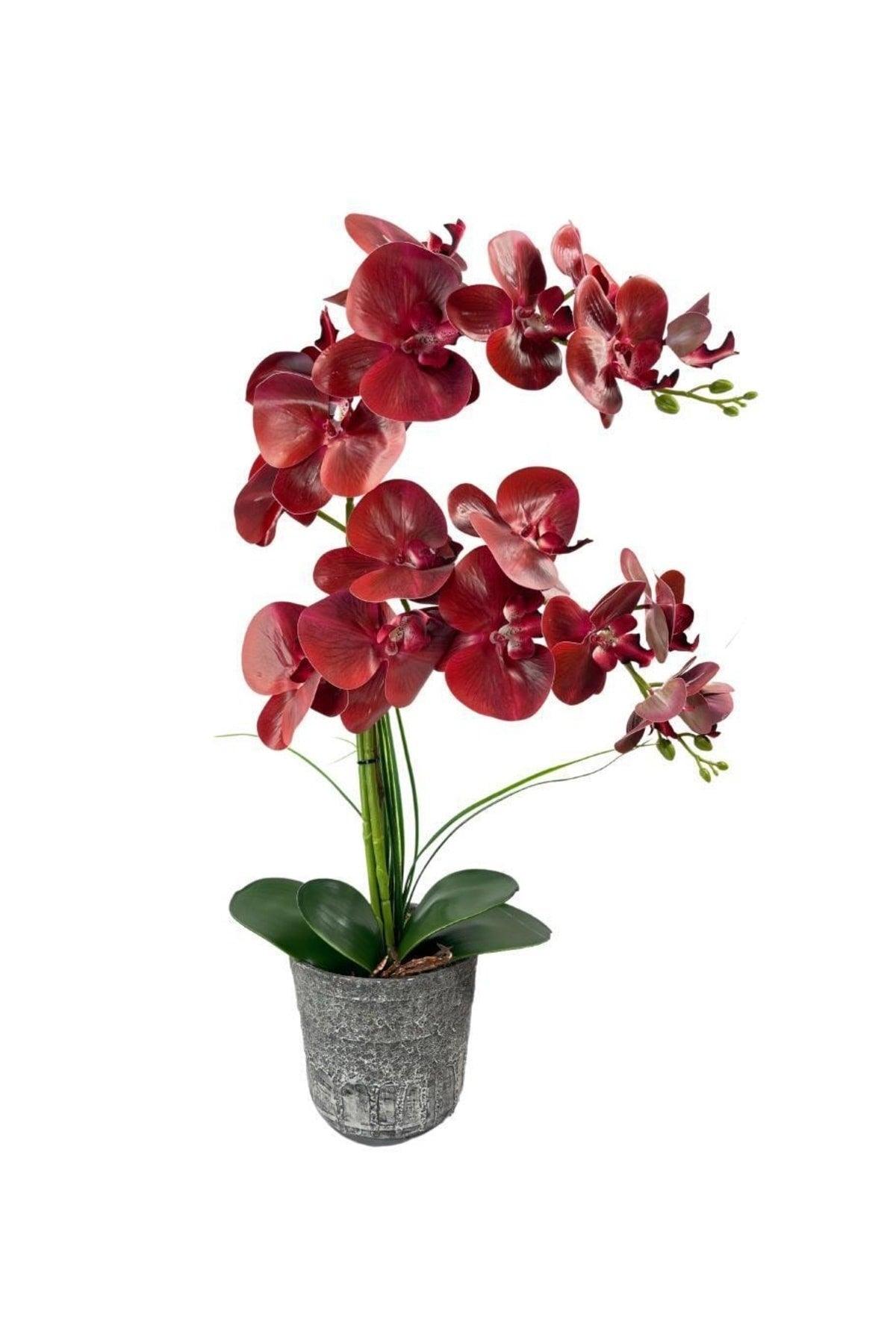 Artificial Flower Double Red Wet Orchid Ceramic Pot Orchid 60cm - Swordslife
