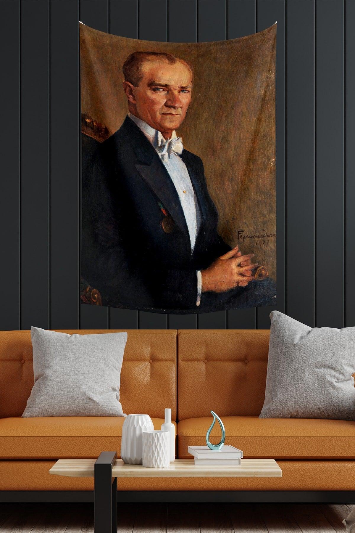 Atatürk Portrait Feyhaman Duran Wall Covering Carpet 140x100 Cm-70x100 Cm - Swordslife