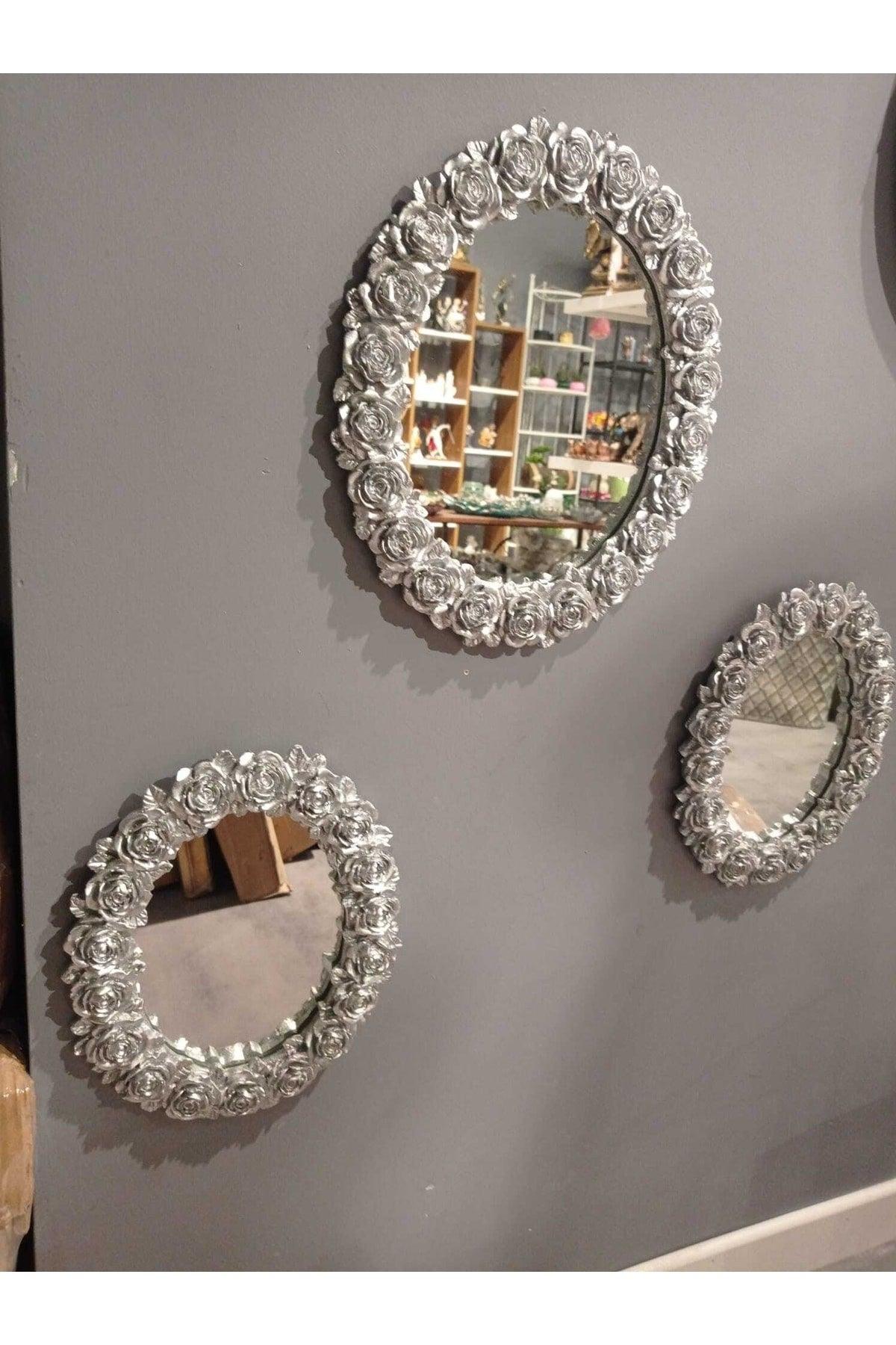 Authentic Decorative Silver Color Floral Pattern Polyester Mirror Set 3 Pcs - Swordslife