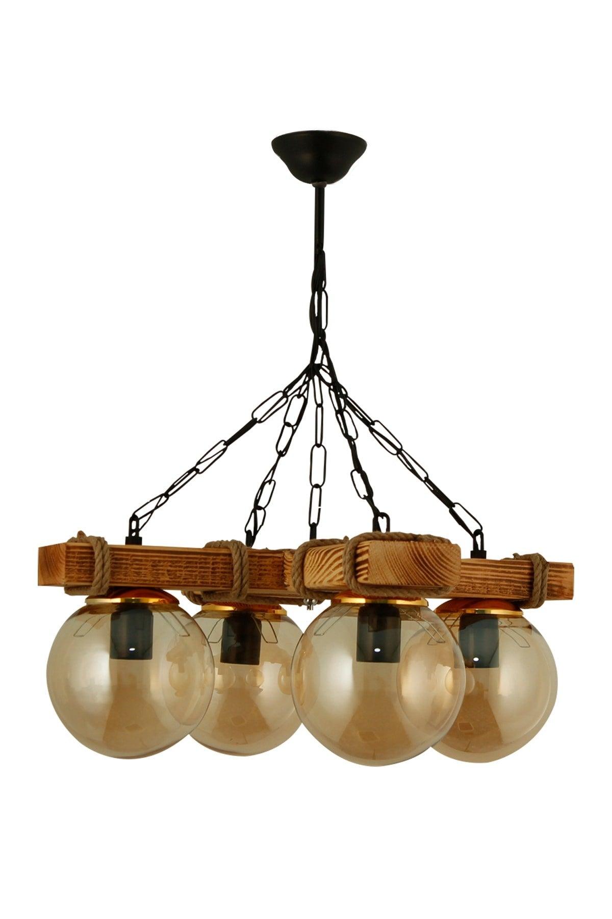 Authentic Wooden Quadruple Yellow Globe Glass Chandelier - Swordslife