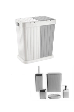 Automatic two-compartment laundry hamper with lid and matching bathroom set