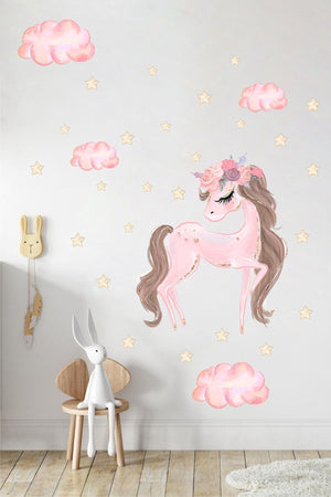 Aves Unicorn And Stars Kids Baby Room Sticker Set Wall Sticker Foil Adhesive - Swordslife