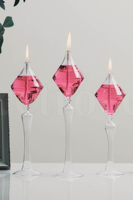 Footed Diamond Glass Oil Lamp Set of 3 Oil Rose - Swordslife