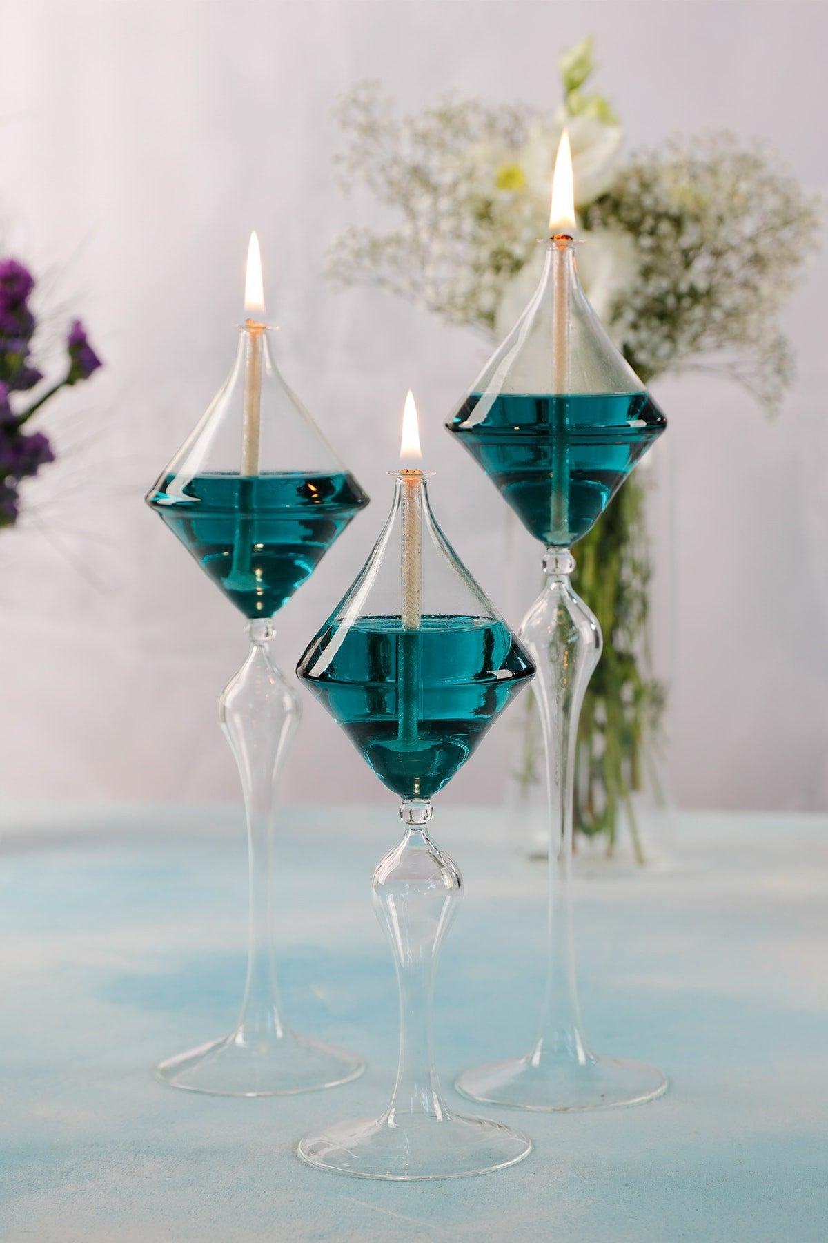 Footed Diamond Glass Oil Lamp Set of 3 + Oil Lamp - Swordslife
