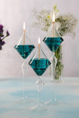 Footed Diamond Glass Oil Lamp Set of 3 + Oil Lamp - Swordslife