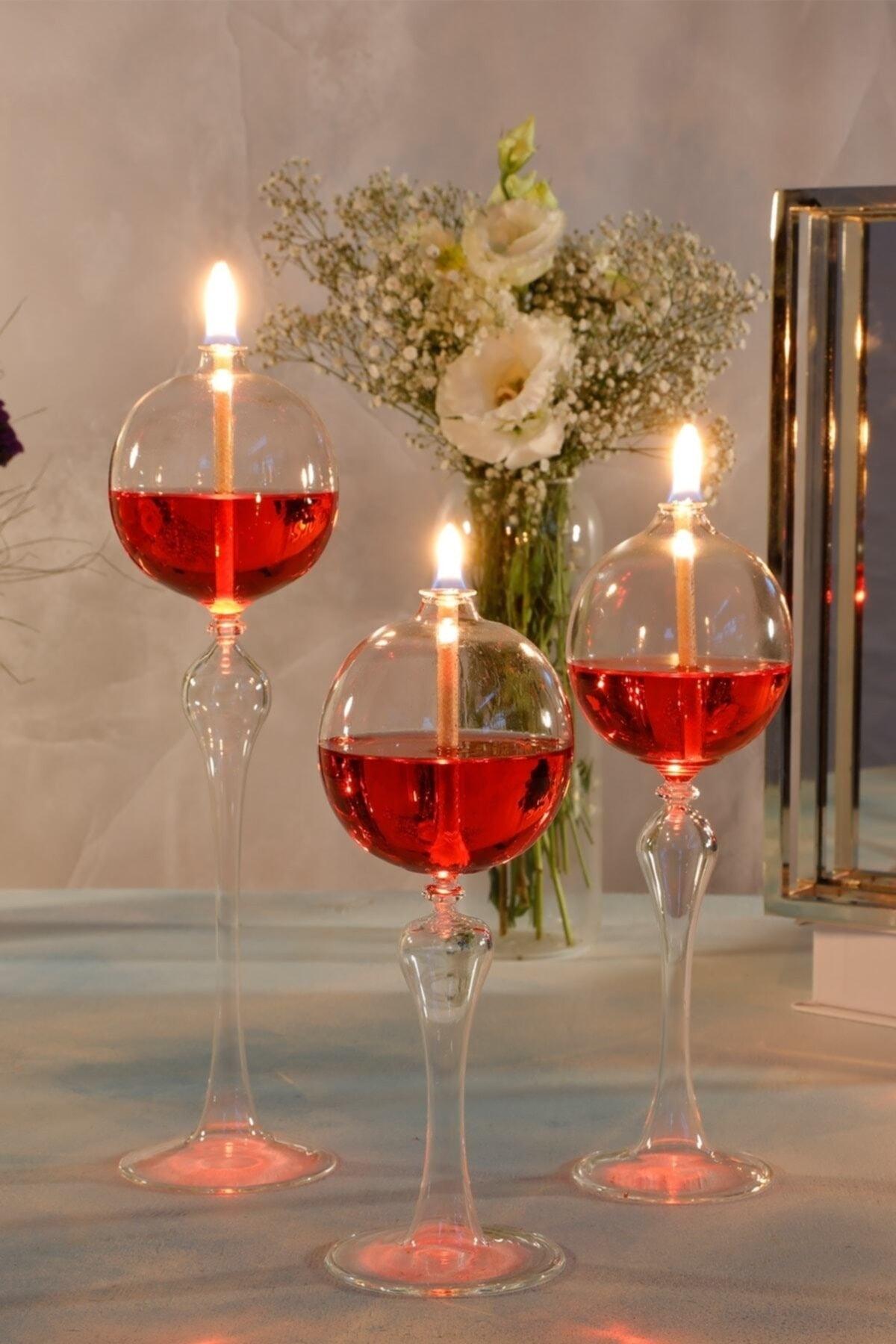 Footed Globe Glass Oil Lamp Set of 3 + 200 Ml Oil Lamp Red - Swordslife