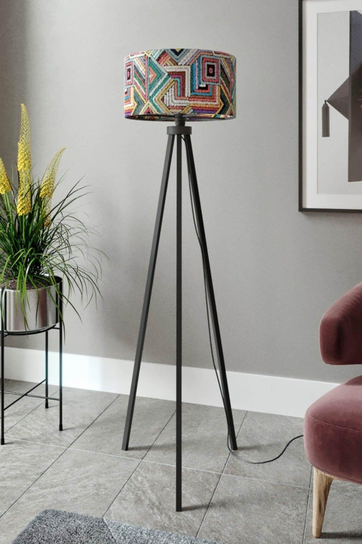 Aztec Colorful Lines Patterned Decorative Modern Wooden Mdf Tripod Floor Floor Lamp - Swordslife