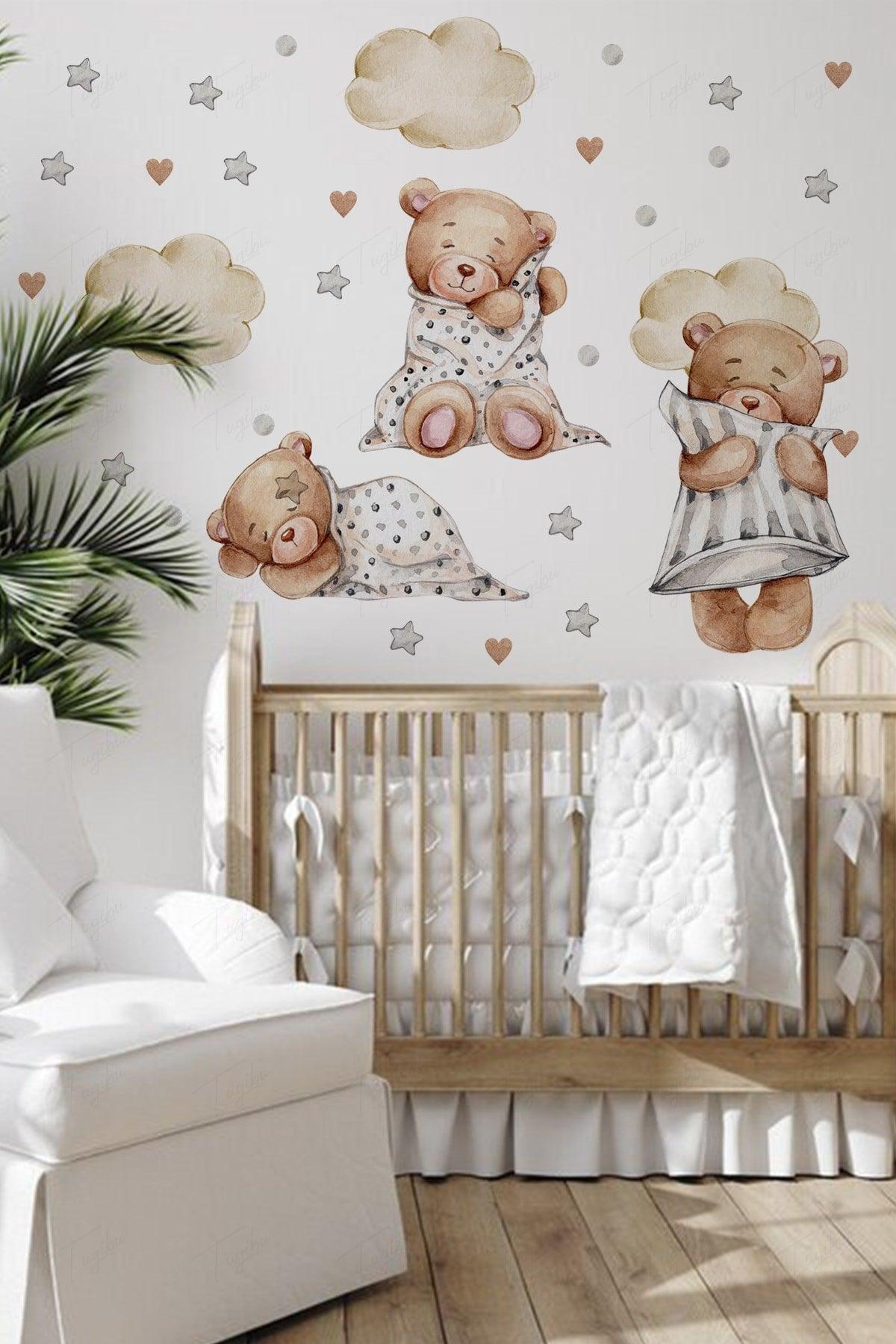 Baby Kinderzimmer Wandaufkleber Set - Sleepy Bears, Sterne, Punkte und Wolken Thema - Swordslife