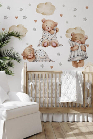 Baby Kinderzimmer Wandaufkleber Set - Sleepy Bears, Sterne, Punkte und Wolken Thema - Swordslife