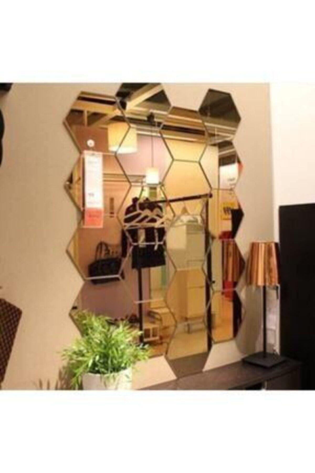 Honeycomb Gold Decorative Hexagonal 12x Ornamental Acrylic Mirror 11x12,5cm Entrance Wall Plexi with Adhesive Tape - Swordslife