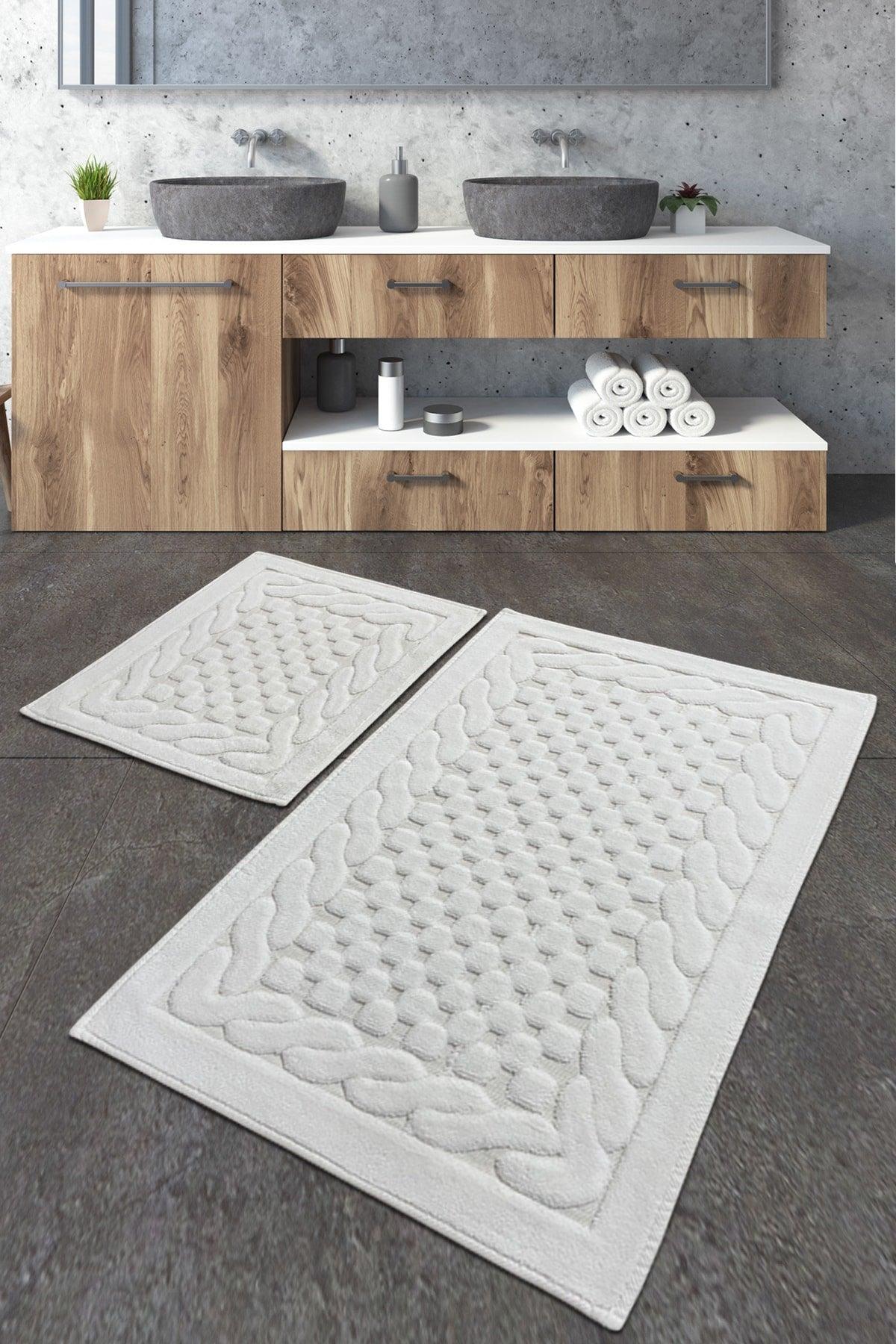 Bambi Cotton Ecru 2 Pcs Set Bathroom Carpet Washable, Non-Slip Base - Swordslife