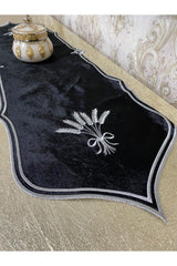 Başak Sırma Velvet Embroidered Runner 32*130 Cm Black-silver - Swordslife