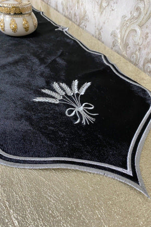 Başak Sırma Velvet Embroidered Runner 32*130 Cm Black-silver - Swordslife