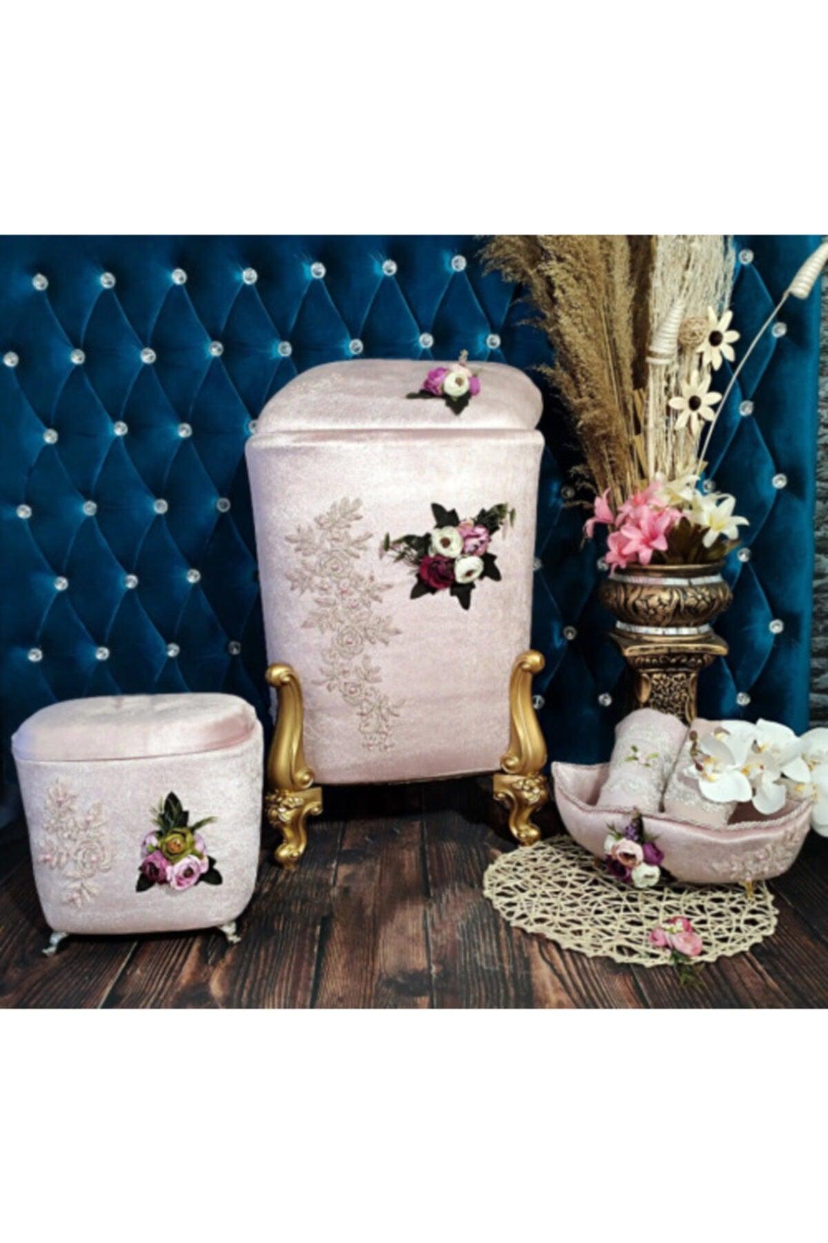 Bath Chest, Bath Basket Gold Color Embroidered Dirty Basket 3 Pieces Powder - Swordslife