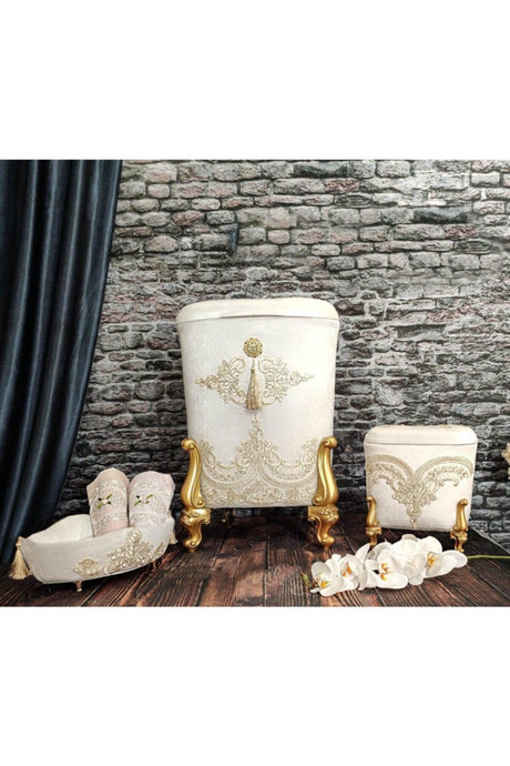 Bathroom Chest, Bathroom Basket Gold Color Embroidered Dirty Basket 3 Pieces - Swordslife
