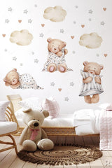 Baby Kids Room Wall Sticker Set - Sleeping Bears, Stars, Polka Dots And Clouds Themed - Swordslife