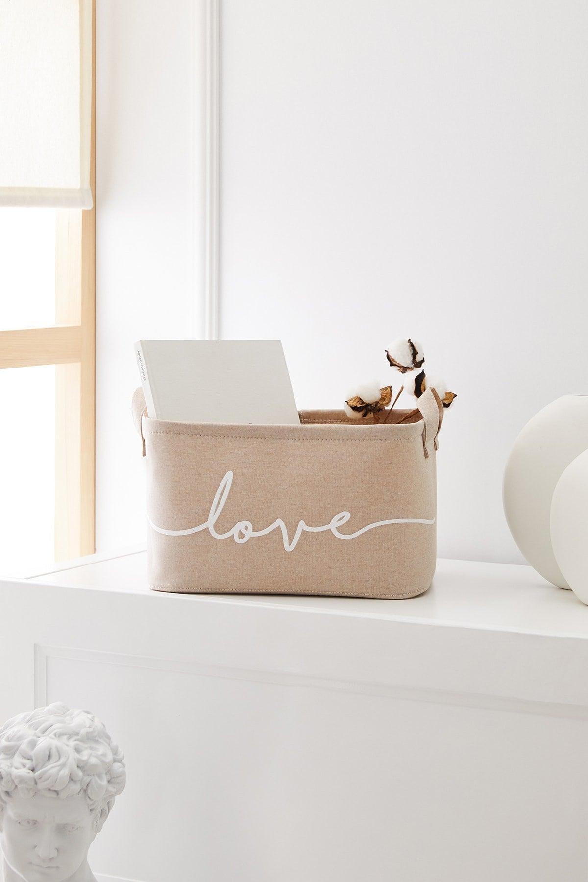 Beige Love Printed Rectangular Basket //30x21x18 - Swordslife