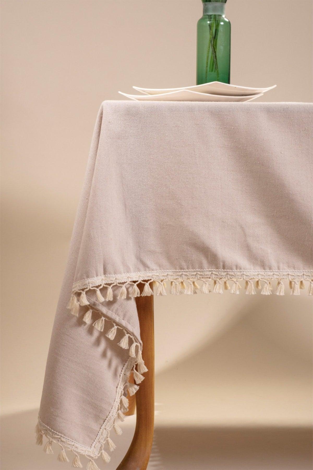 Beige Colored Cotton Pompom Tablecloth - Swordslife