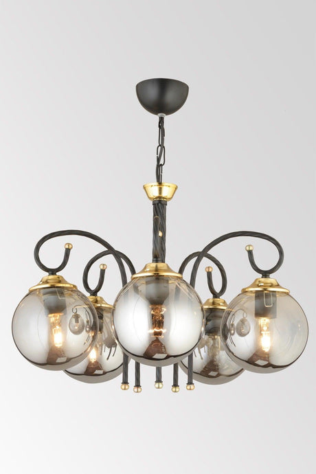 Black Azra 5 Piece Smoked Globe Glass Downward Facing Luxury Chandelier - Swordslife