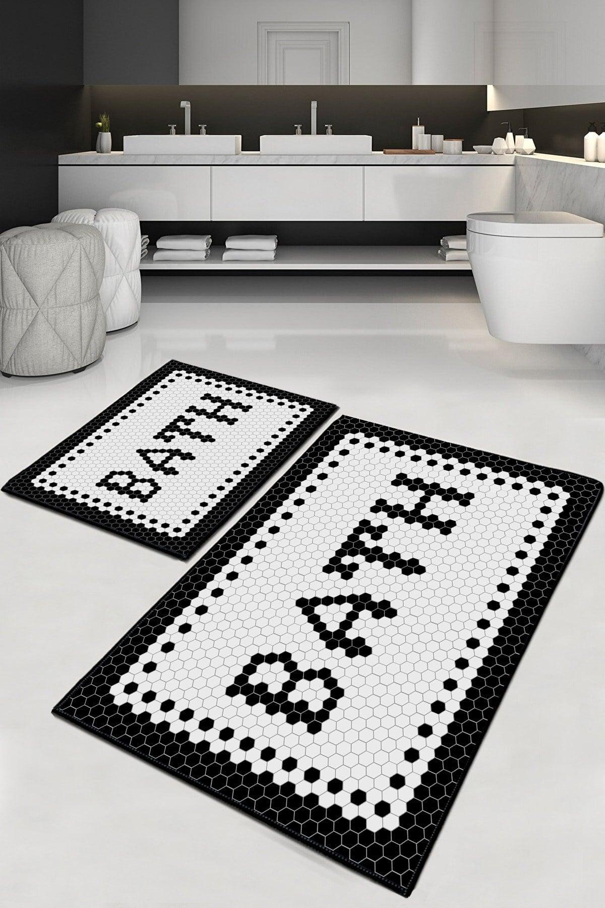 Black Bath Washable Double Bathroom Carpet Mat Closet Set Dc-8034 - Swordslife