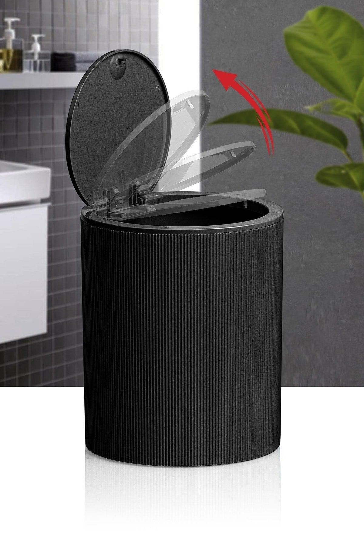 Black Click Lid Striped Round Dustbin - Swordslife