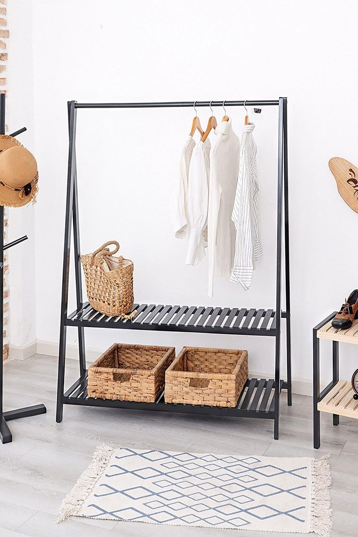 Black Garment Clothes Rack With Two Shelves