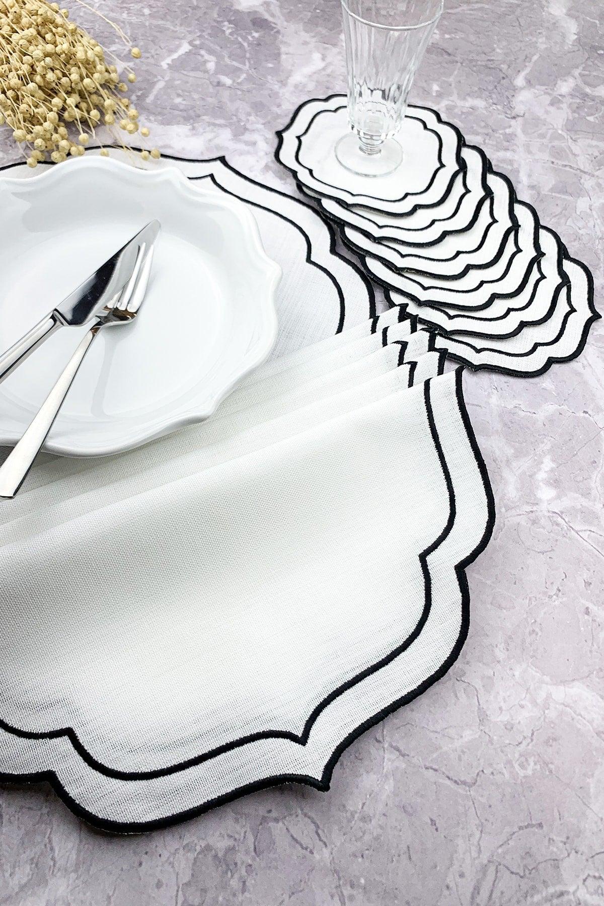 Black Color Double Wrap Embroidered 12 Piece Set Placemat And Cocktail Napkin - Swordslife