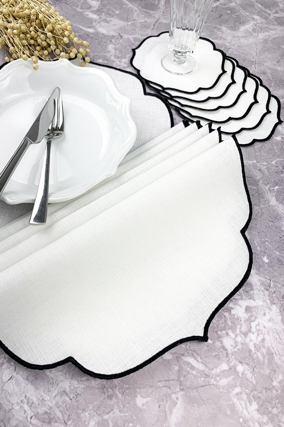 Black Embroidered 12 Piece Set Placemat And Cocktail Napkin - Swordslife