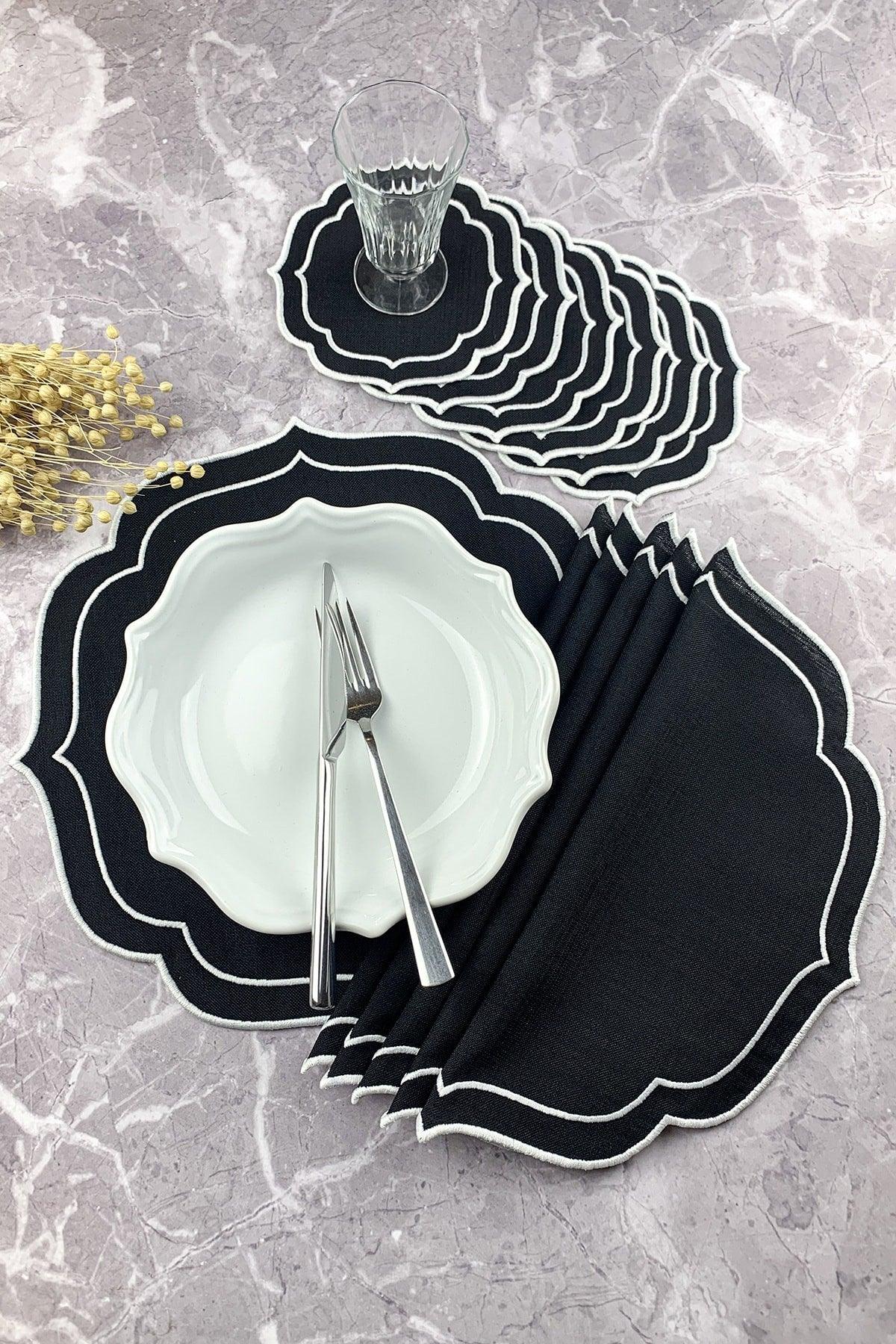 Black Color White Double Wrap Embroidered 12 Piece Set Placemat And Cocktail Napkin - Swordslife