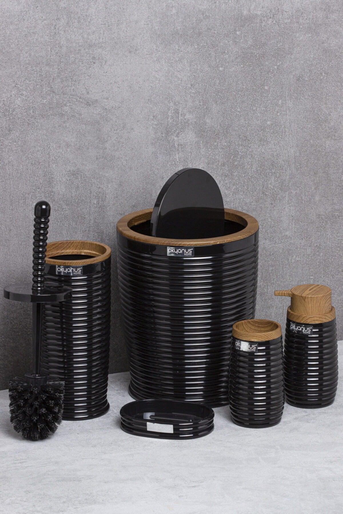 Black Elegans Wooden Patterned Bathroom Set of 5 - Swordslife