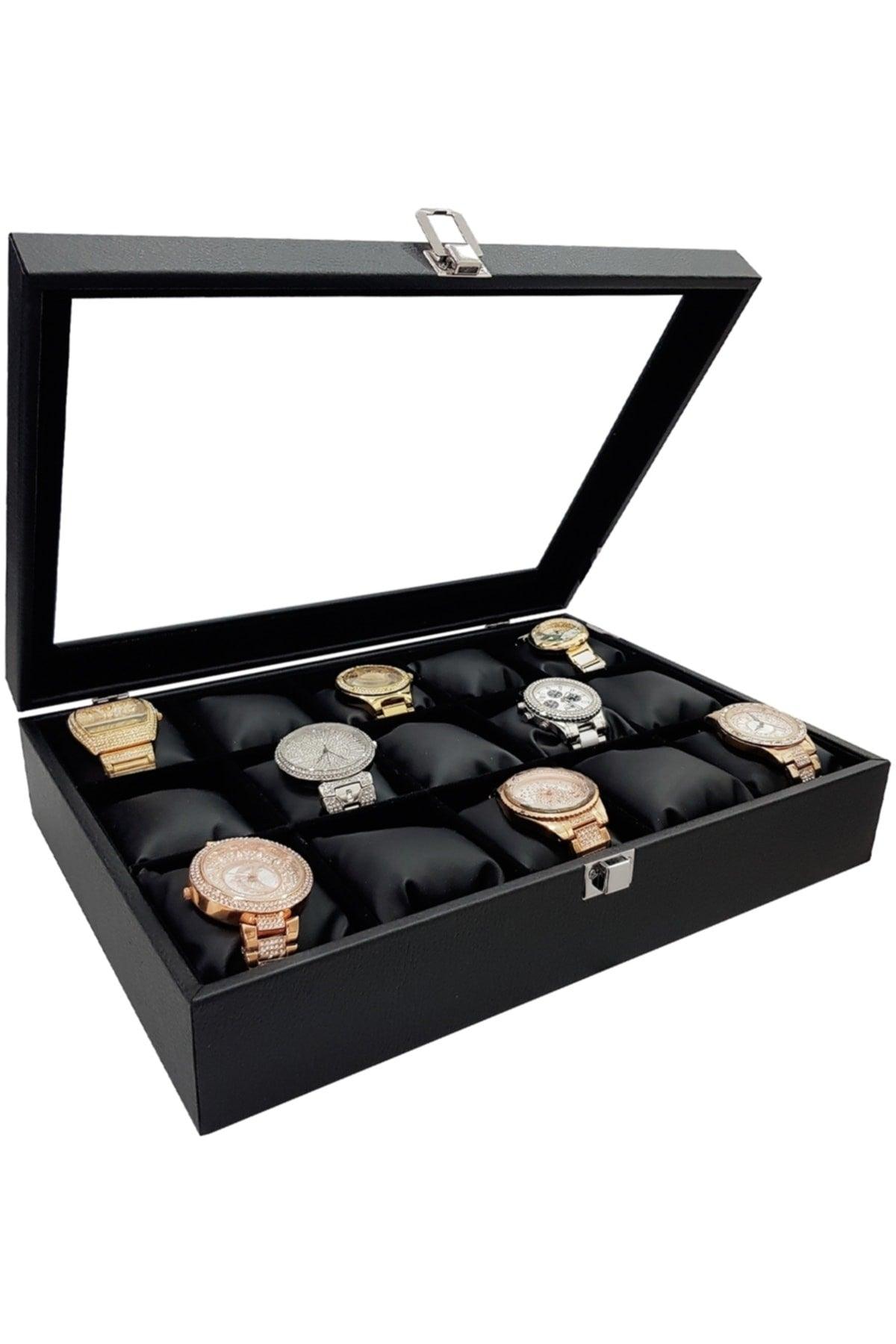 Black Leather 15 Liter Glass Watch Box St15-68 - Swordslife