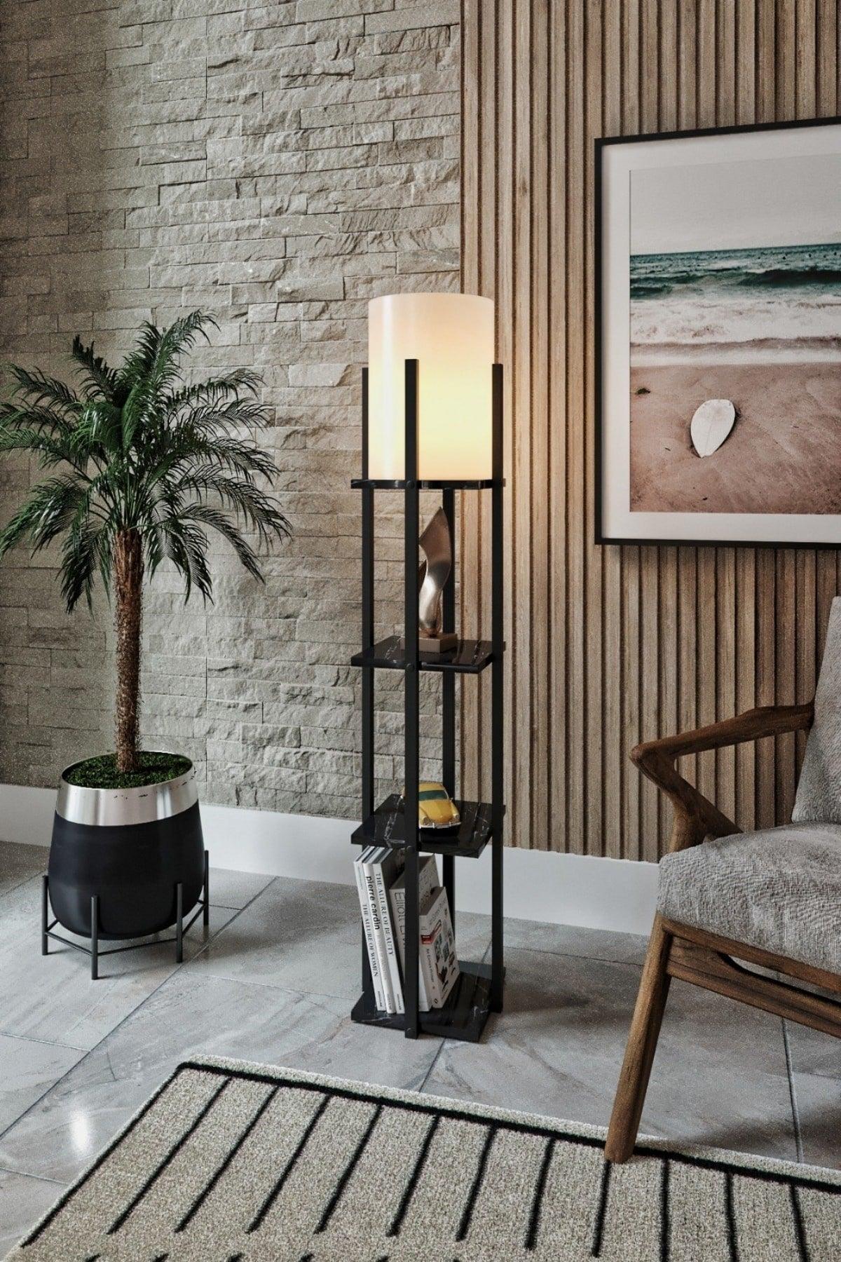 Black Marble Pattern Modern Decorative Wooden Mdf Floor Lamp With 3 Layers Shelves - Swordslife