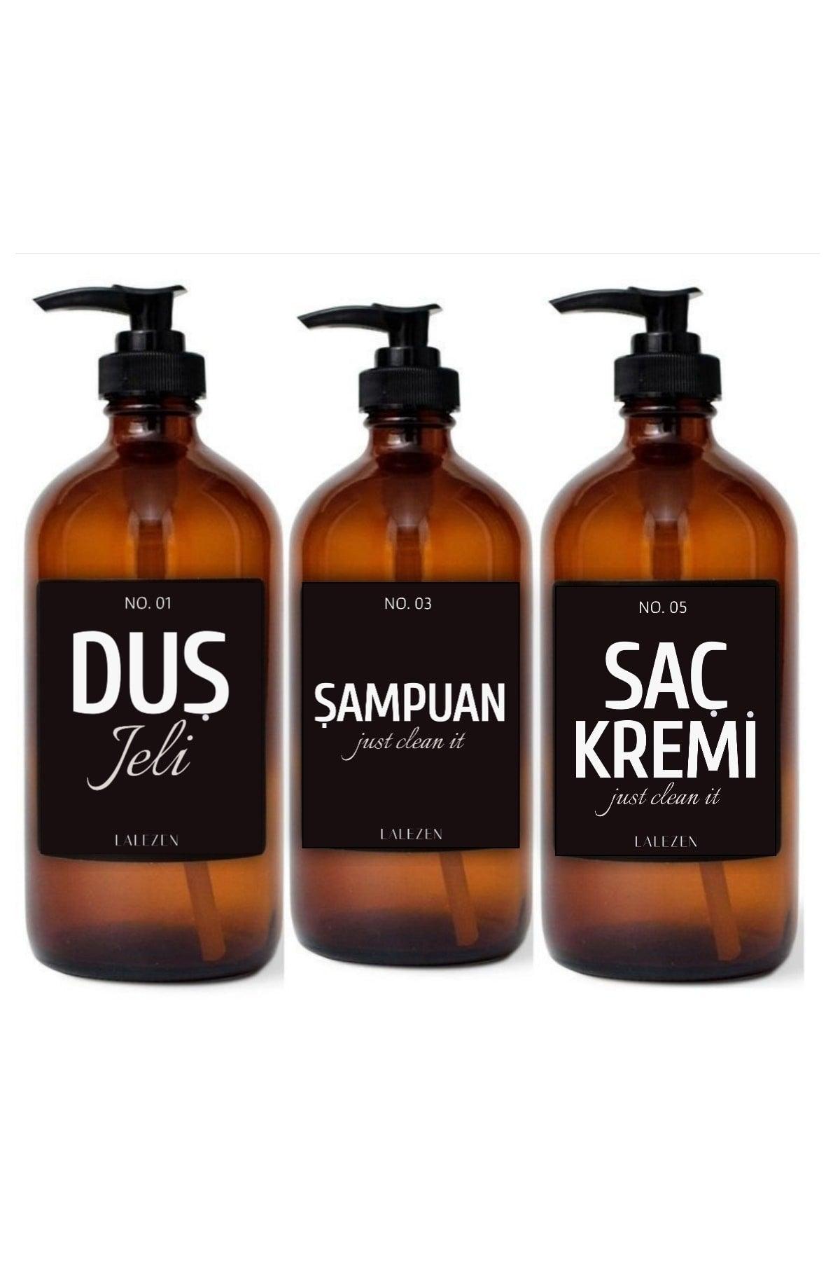Black Shower Gel Conditioner Shampoo Set of 3 Amber Glass Bottles With Label - Swordslife